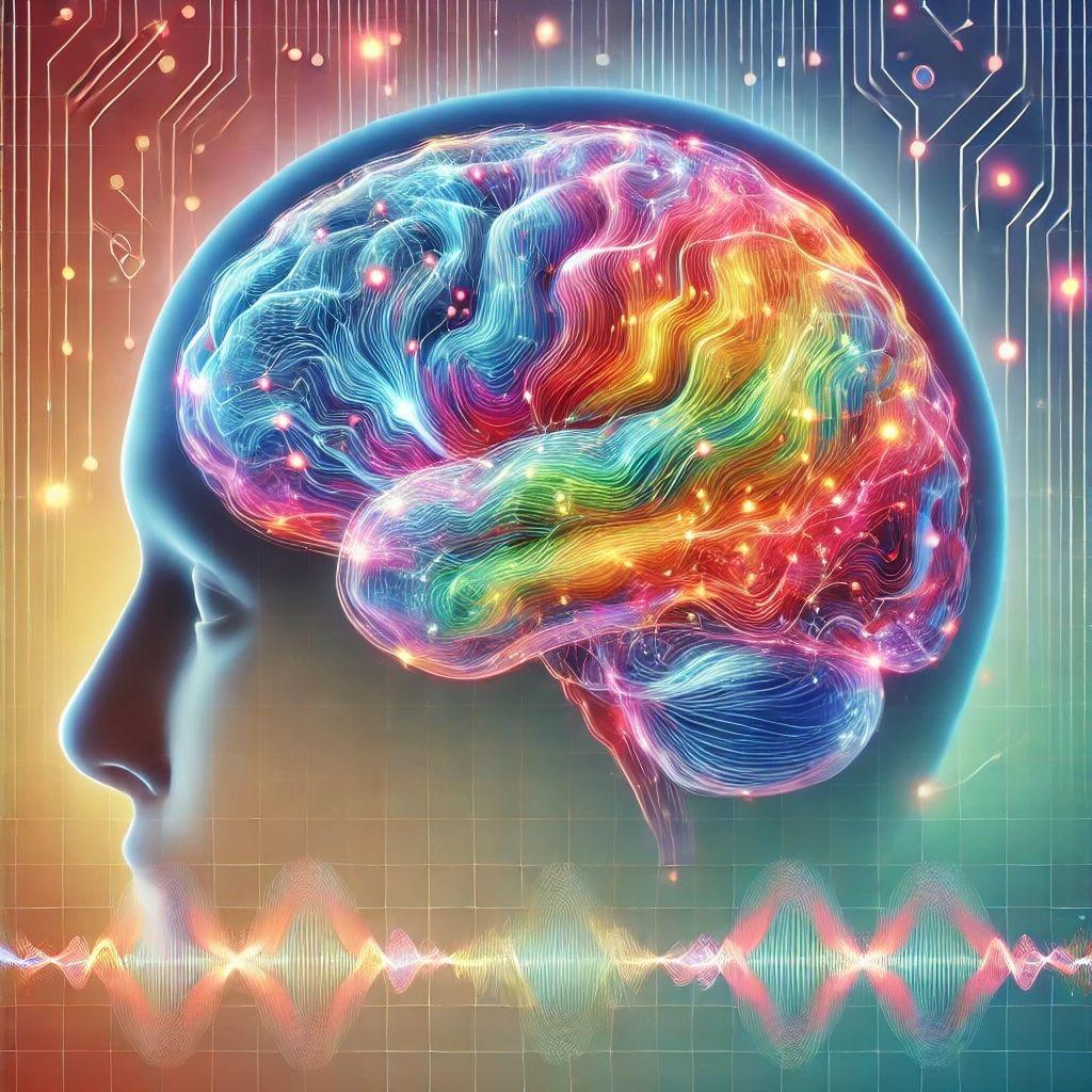 Colorful, digitally rendered brain with circuits and waveforms, symbolizing technology and neural activity.